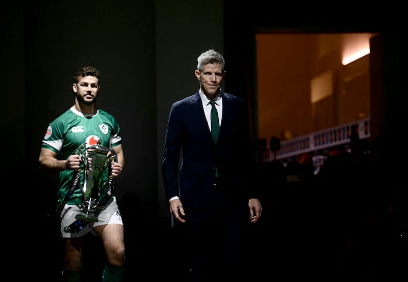 Ireland interim head coach Simon Easterby with captain Calen Doris at the 2025 Six Nations launch in Rome. Photograph: Filippo Monteforte/AFP via Getty Image