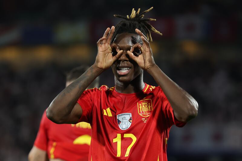 Spain's Nico Williams celebrates scoring against Georgia in the last-16 at Euro 2024. Photograph: Alex Grimm/Getty Images