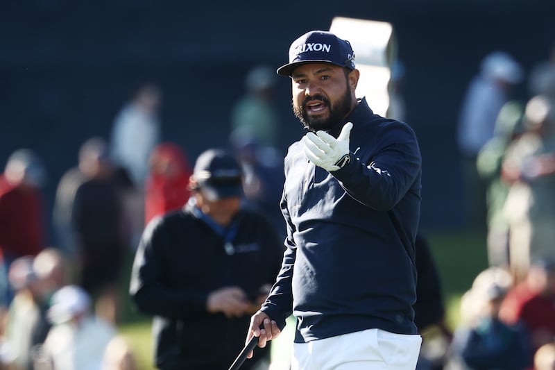 JJ Spaun reacts after making a drop on the 17th hole during the play-off in the Players Championship. Photograph: Jared C Tilton/Getty Images