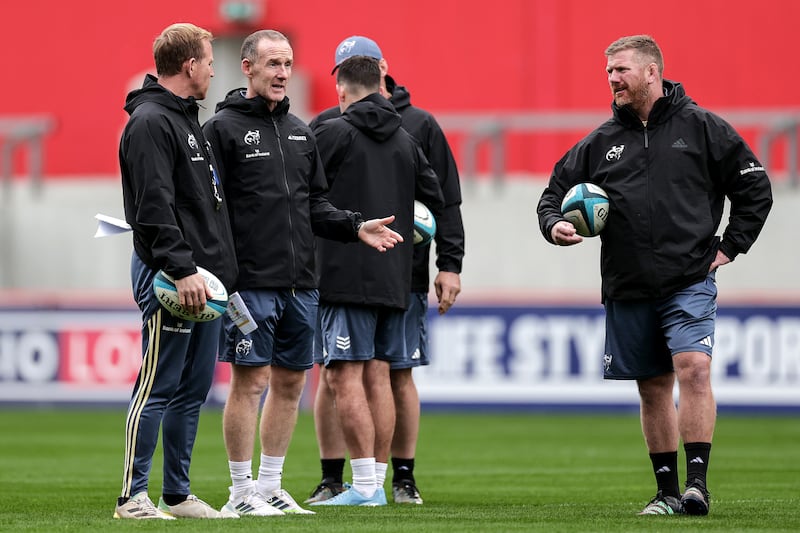 Attack coach Mike Prendergast, interim head coach Ian Costello and forwards coach Andy Kyriacou at a Munster training session on Thursday. Photograph: Laszlo Geczo/Inpho