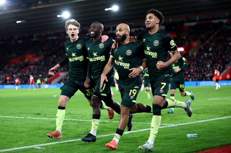 Brentford's Bryan Mbeumo celebrates scoring with team-mates Mads Roerslev, Yoane Wissa and Kevin Schade. Photograph: Dan Istitene/Getty Images