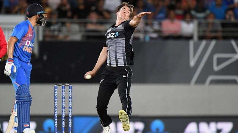 Blair Tickner, bowling here against India in 2020, saw his work with Malan catapult him into international honours.  Photograph:  Kai Schwoerer/Getty Images