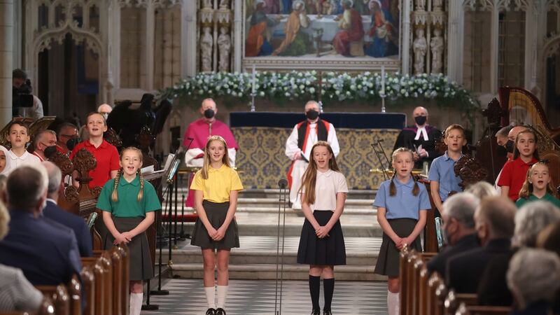 Children from local schools singing during a service to mark the centenary of Northern Ireland at St Patrick’s Cathedral in Armagh. Photograph: Liam McBurney/PA Wire