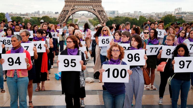 People gather on the Trocadero square in front of the Eiffel Tower in Paris during a demonstration called by the “Nous Toutes” feminist organisation to denounce the 100th femicide of the year, on September 1st, 2019. Photograph: Getty