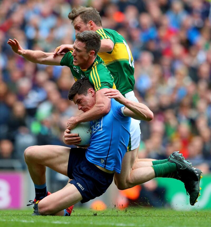 Kerry’s Jonathan Lyne and Donnchadh Walsh tackle Diarmuid Connolly of Dublin in last April’s Allianz Football League Division 1 Final at  Croke Park. The tackle resulted in a black card for Lyne. Photograph: James Crombie/Inpho