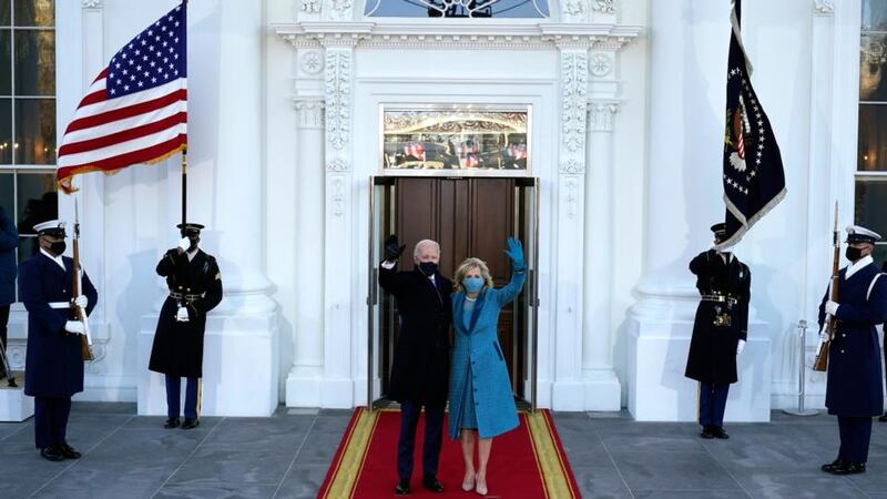 US president Joe Biden and first lady Dr Jill Biden wave as they arrive at the North Portico of the White House in Washington DC on Wednesday. Photograph: Alex Brandon/EPA/Pool