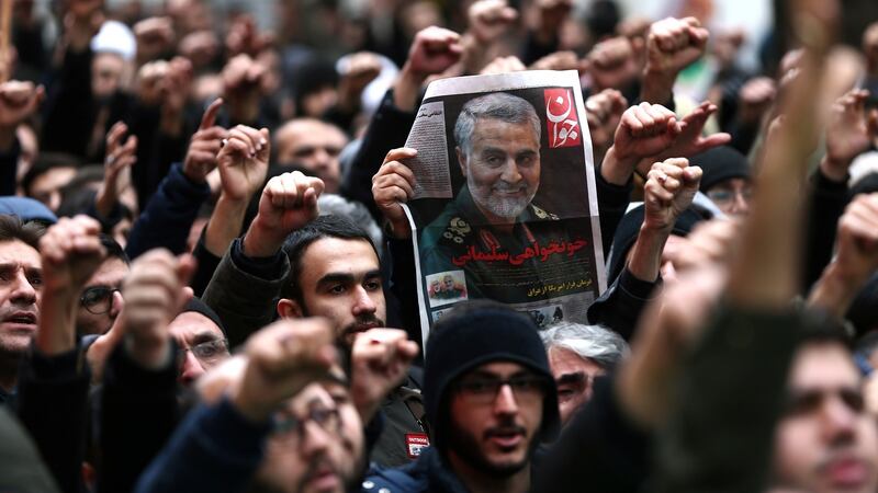 Iranians gesture as they gather to mourn General Qassem Soleimani, head of the elite Quds Force, who was killed in an air strike at Baghdad airport, in Tehranon Friday. Photograph: Nazanin Tabatabaee/ West Asia News Agency/Reuters