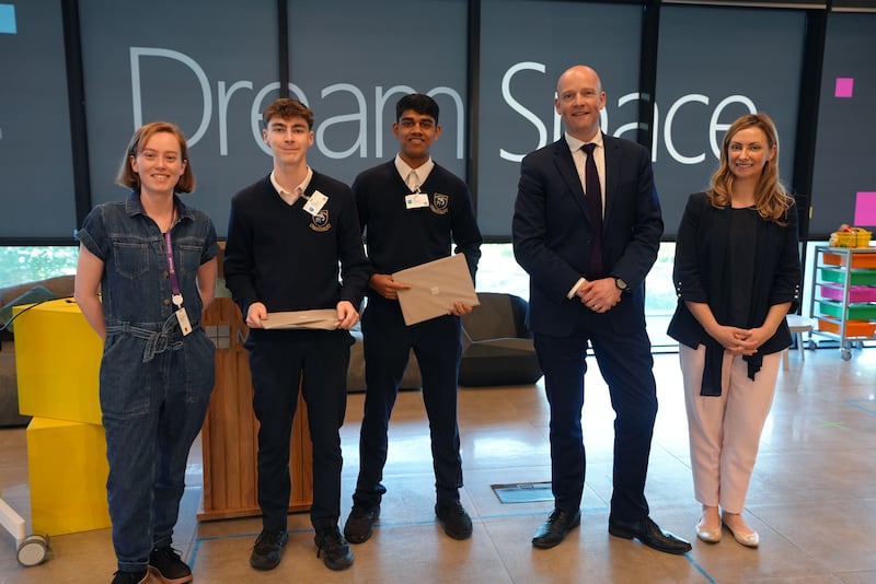 Students from Confey Community College in Leixlip, Co Kildare who won the Microsoft Dream Space: Brainwaves national competition for their project EcoWise AI