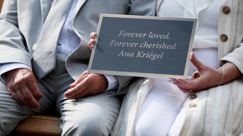 Patric and Geraldine Kriégel, parents of murdered schoolgirl Ana Kriégel, at a ceremony on the grounds of the Leixlip Manor Hotel, Co Kildare, where they planted a tree and unveiled a bench in her memory. Photograph: Brian Lawless/PA Wire