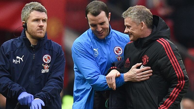 Former Manchester United teammates John O’Shea and Ole Gunnar Solskjaer. Photograph: Oli Scarff/AFP/Getty