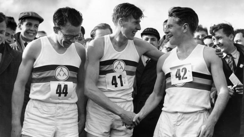 Roger Bannister (centre) with pacemakers Chris Chataway (right) and Chris Brasher. Photograph: Getty Images