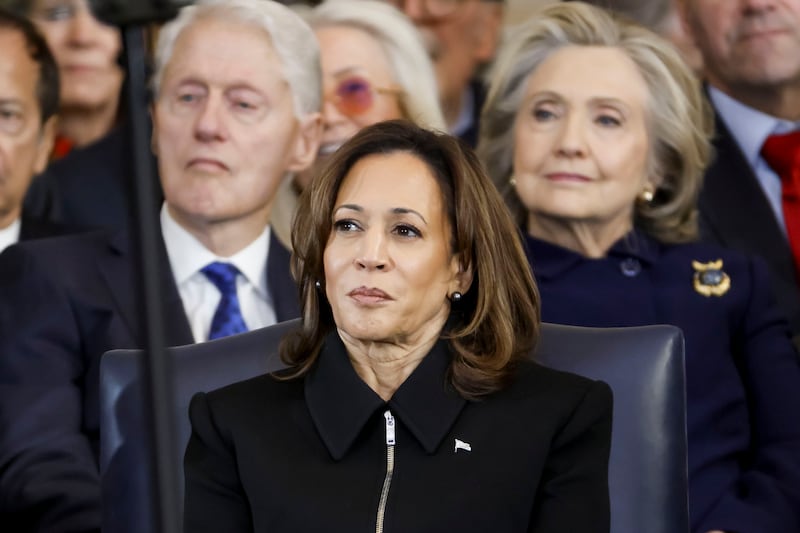 Former US president Bill Clinton, former vice-president Kamala Harris, and former US secretary of state Hillary Clinton attend the inauguration ceremonies. Photograph: Shawn Thew/Getty