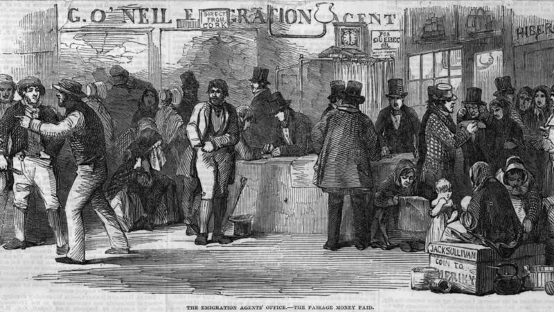 Emigrants in 1851 pay their passage money at the emigration agents’ office in Cork before setting off for America. Photograph: Hulton Archive/Illustrated London News