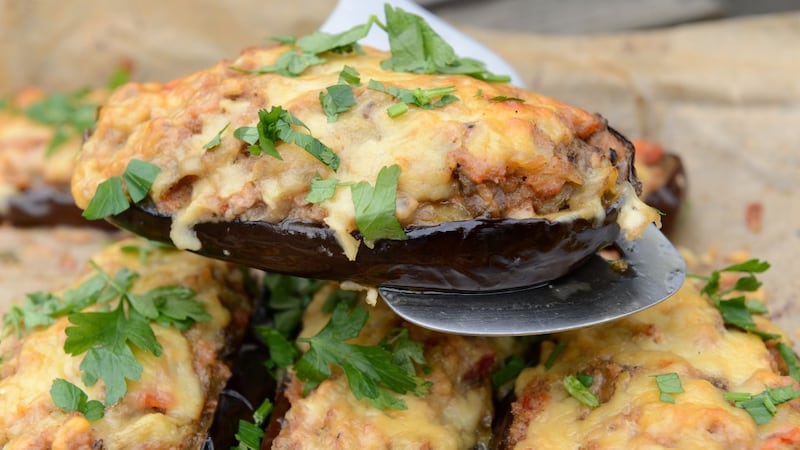 Aubergine stuffed pork