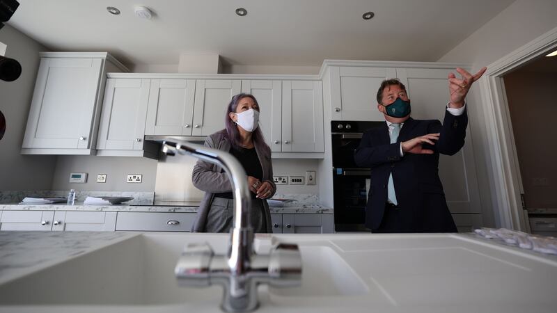 Fiona Cormican of Clúid and Minister for Housing Darragh O’Brien in Balbriggan home on launch. Photograph: Nick Bradshaw