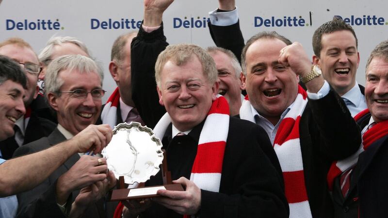 Charlie Chawke with members of the Goat racing syndicate celebrate their horse Forpadydeplasterer winning the Deloitte Novice Hurdle at Leopardstown on February 10th, 2008. Photograph: Eric Luke/The Irish Times