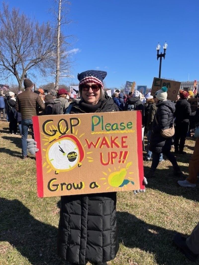 Patricia Jacobs protests against Donald Trump's policies and executive orders. Photograph: Keith Duggan