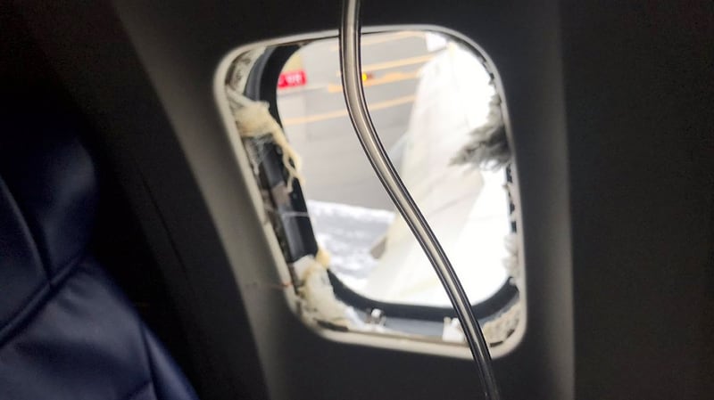 The damage to a window of the Southwest Airlines plane caused when an engine blew. Photograph:  Matt Tranchin/PA Wire