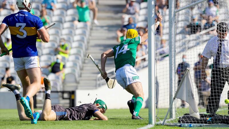 Limerick’s Séamus Flanagan scores a goal during the Munster final win over Tipperary at  Páirc Uí Chaoimh. Photograph: Lorraine O’Sullivan/Inpho