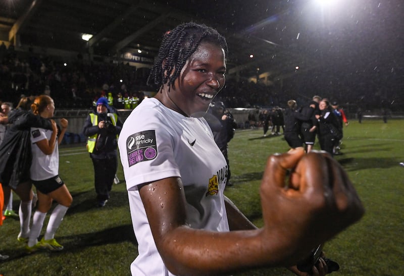 Athlone Town's Brenda Ebika Tabe celebrates after her side won the SSE Airtricity Premier Division title. Photograph: Sam Barnes/Sportsfile.