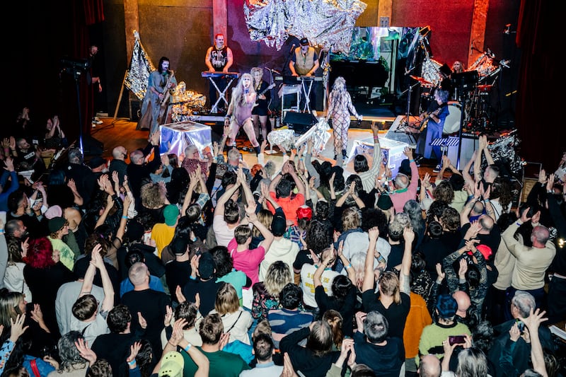 The Lion the Witch and the Cobra: Guest vocalists Peaches and Justin Vivian Bond join Christeene to celebrate The Lion and the Cobra, City Winery, Manhattan. Photograph: Jutharat Pinyodoonyachet/The New York Times