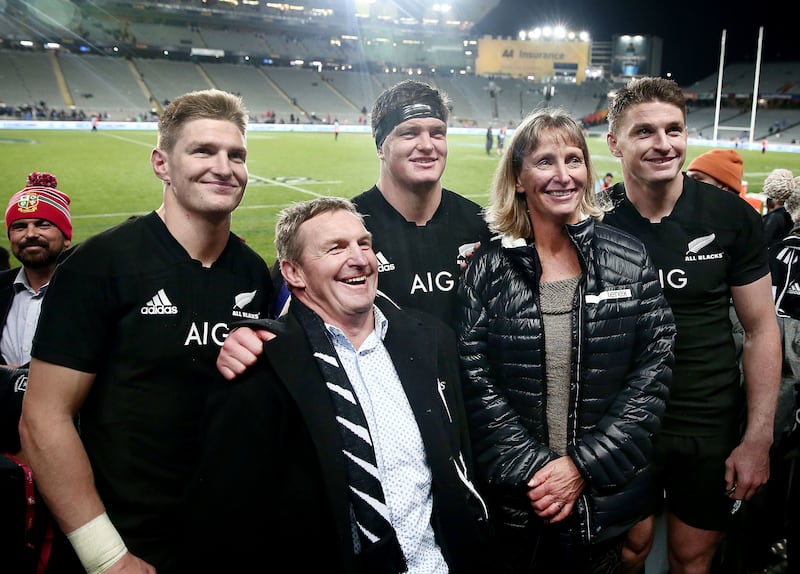 Brothers Jordie, Scott and Beauden Barrett with their parents Kevin and Robyn Barrett before an All Blacks-Samoa match in 2017. Photograph: Andrew Cornaga/Photosport/Inpho