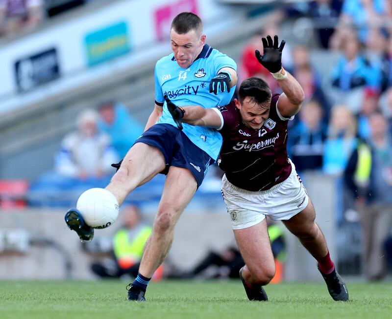 Galway’s Cillian McDaid puts pressure on Dublin's Con O’Callaghan  as he attempts a late point to level the game. Photograph: James Crombie/Inpho