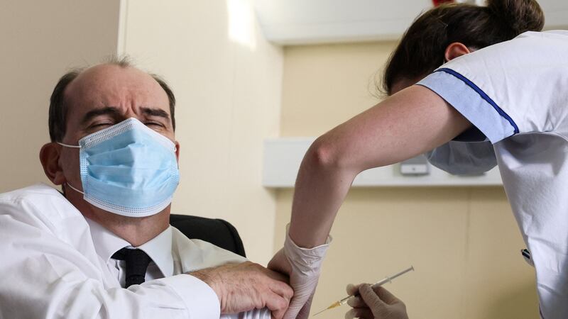 French prime minister Jean Castex is vaccinated with the AstraZeneca  vaccine at the L’hôpital d’Instruction des Armées Begin   in Saint-Mande,  Paris, on Friday. Photograph:  Thomas Coex/Getty Images