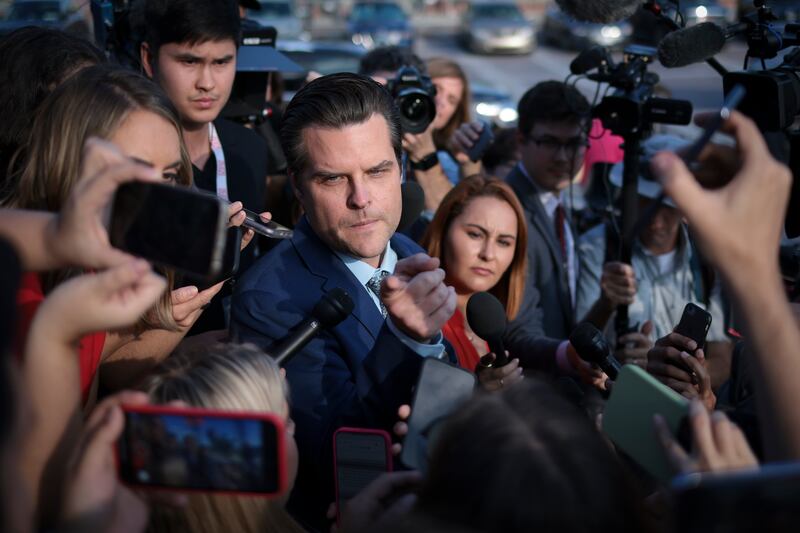 Florida Republican member of Congress Matt Gaetz answers questions outside the US Capitol after successfully leading a vote to remove Kevin McCarthy from the office of Speaker. Photograph: Win McNamee/Getty Images