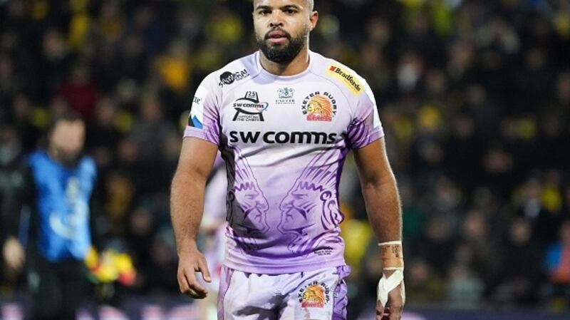 Tom O’Flaherty wearing his Exeter kit in his team’s win against La Rochelle. Photograph: Getty Images