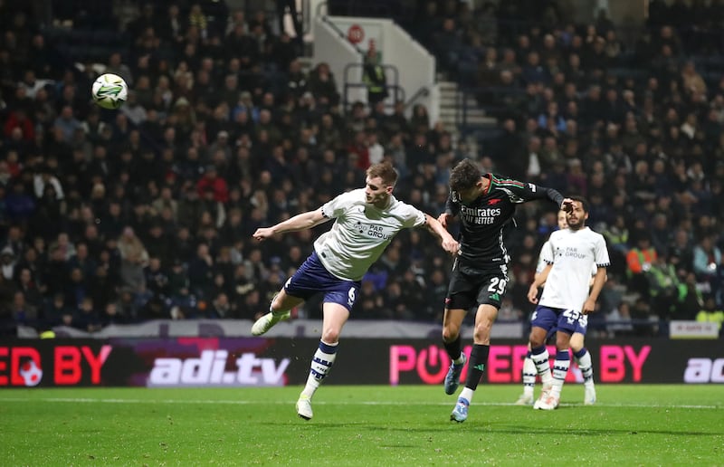 Arsenal's Kai Havertz heads the ball to score his team's third goal against Preston North End. Photograph: Jan Kruger/Getty Images