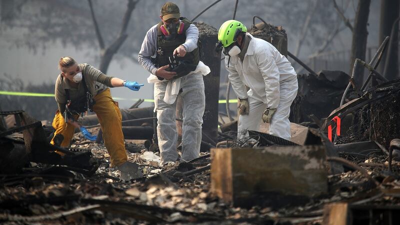 Rescue workers search an area where they discovered suspected human remains in a home destroyed by the Camp Fire in Paradise, California. Photograph: Justin Sullivan/Getty Images.