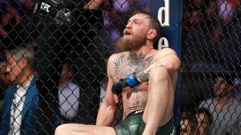 Conor McGregor reacts after losing to Khabib Nurmagomedov. Photograph:    John Locher/AP Photo