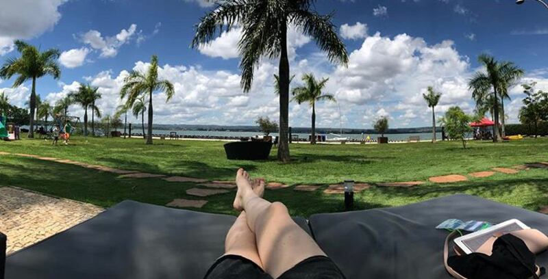 Emma Cahill relaxing in her back garden in Brazil.