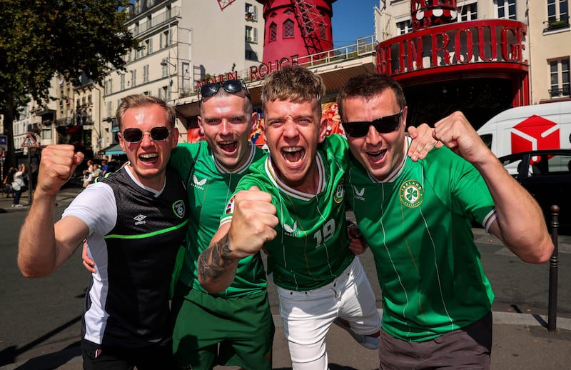 Irish fans James Daly, Ray Hyland, David Cummins and Keith Fahey in Paris earlier today. Photograph: Ryan Byrne/Inpho