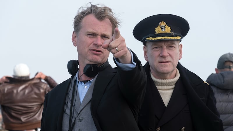 Director Christoper Nolan on the set of Dunkirk  with Kenneth Brannagh