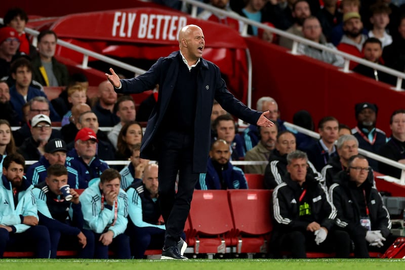 Liverpool manager Arne Slot shouts instructions to his players during the Premier League match against Arsenal at the Emirates Stadium. Photograph: Adrian Dennis/AFP via Getty Images
