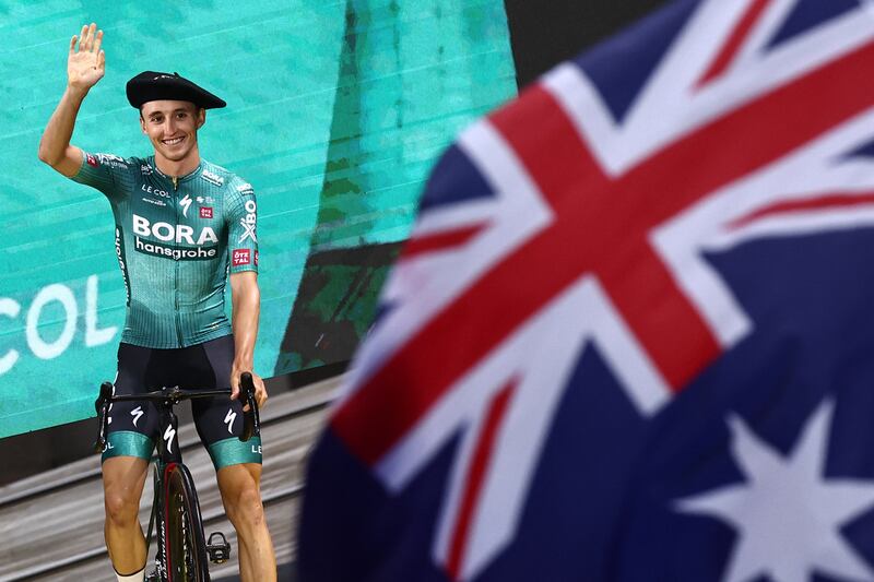 Bora-hansgrohe's Australian rider Jai Hindley on stage during the official teams presentation near the Guggenheim Museum Bilbao in Bilbao, northern Spain, on Thursday, two days prior to the start of the  Tour de France. Photograph: Anne-Christine Poujoulat/AFP