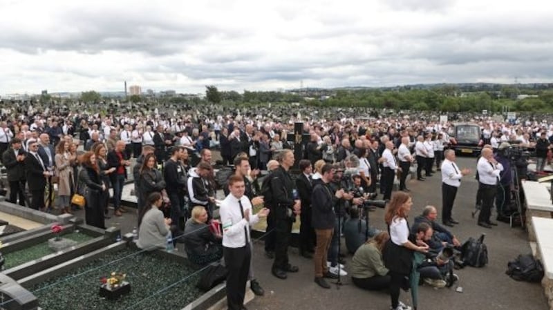 A crowd listens to former Sinn Féin president Gerry Adams speak during the funeral of Bobby Storey in Belfast in June. Photograph: Liam McBurney/PA Wire.