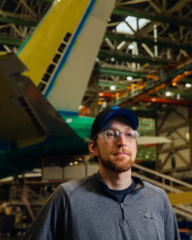 Tyler Pettersen, a mechanic, worked on the last plane. His father, Scott Pettersen, spent nearly four decades as a mechanic on the 747 before retiring. Photograph: Lindsey Wasson/The New York Times