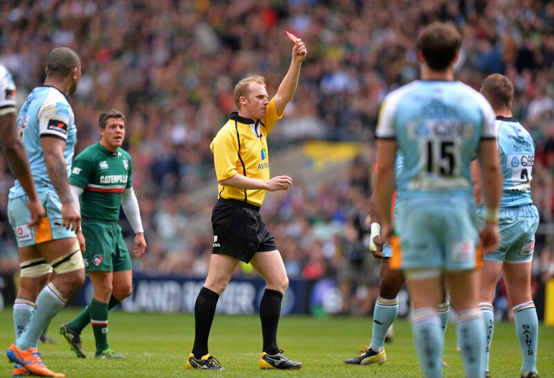 Referee Wayne Barnes sends off Northampton's Dylan Hartley in the 2013 Premier ship final. Photograph: Mike Hewitt/Getty Images