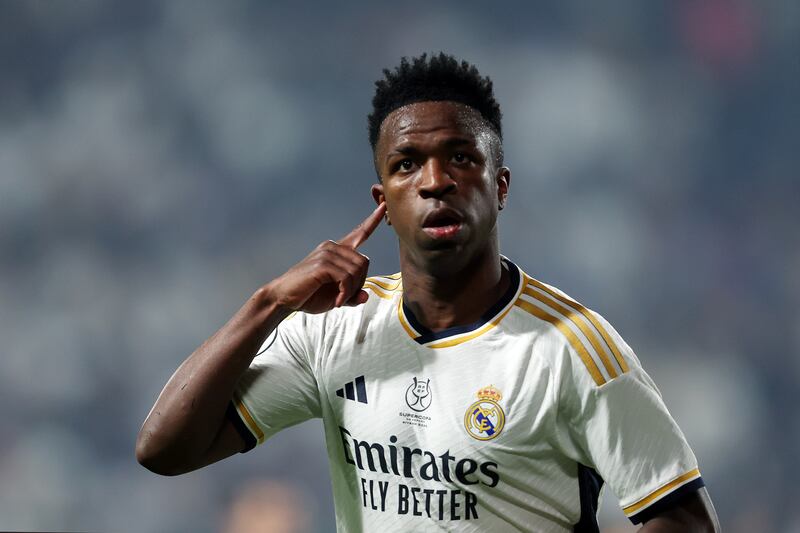 Vinicius Junior of Real Madrid celebrates after scoring during the Spanish Super Cup final between Real Madrid and FC Barcelona in Riyadh, Saudi Arabia. Photograph: Yasser Bakhsh/Getty Images