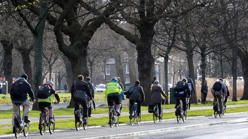 Cyclists in Dublin travelling along the canal. Photograph: Nick Bradshaw