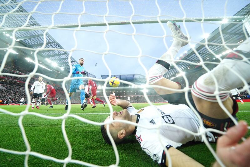 Liverpool score their seventh goal of the game during the Premier League match at Anfield against Manchester United. Photograph: Peter Byrne/PA