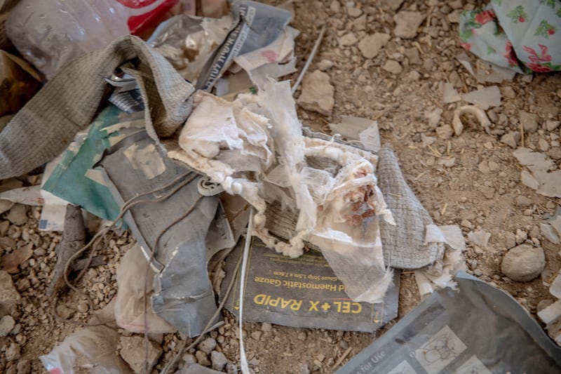 A dressing for a wound with blood on it, in a home in Aitaroun, south Lebanon. Photograph: Sally Hayden