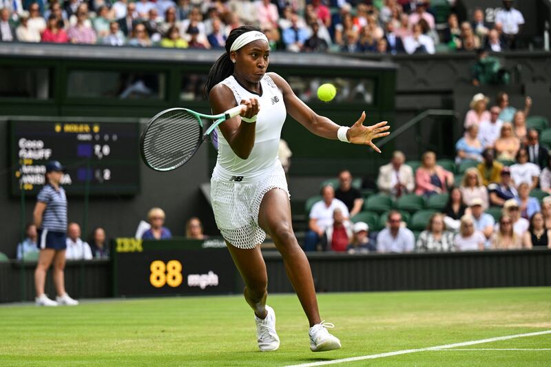 Coco Gauff returns the ball to Amanda Anisimova during their match. Photograph: Sebastien Bozon/AFP via Getty Images