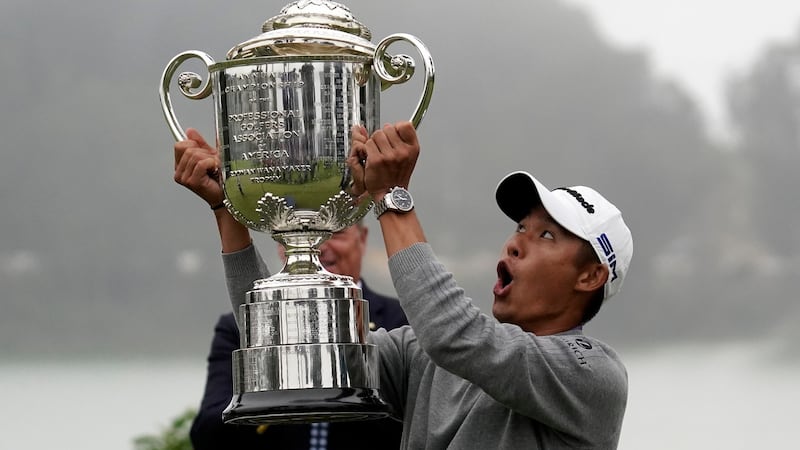 Collin Morikawa with the Wanamaker Trophy after winning the PGA Championship. Photograph: AP