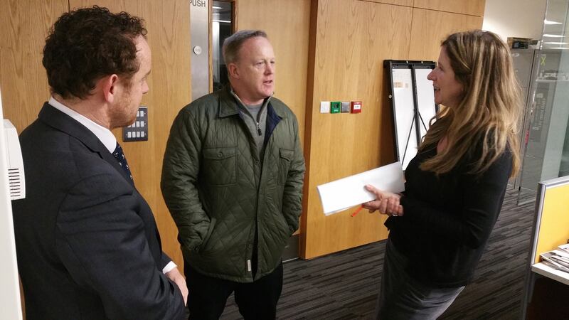 Former White House Press Secretary Sean Spicer in conversation with reporter Simon Carswell and deputy editor Deirdre Veldon in the Irish Times newsroom. Photograph: Frank Miller/The Irish Times