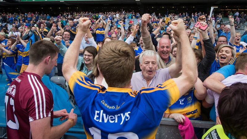 Brian Fox celebrates with Tipperary fans after they stunned Galway to reach the All Ireland SFC semi finals in 2016. Photo: Ryan Byrne/Inpho