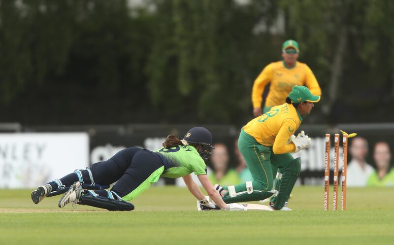 Rachael Delaney is stumped by Trisha Chetty. Photograph: Oisín Keniry